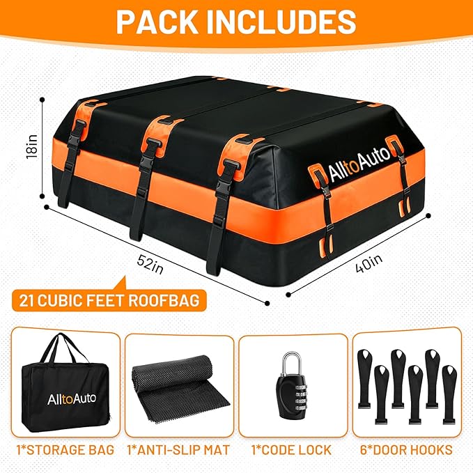 Car Rooftop top Cargo Carrier 21 Cubic feet 100% Waterproof Heavy Duty PVC for All Cars with/Without Rack, Includes Anti-Slip Mat, 10 Buckle with Straps, 6 Door Hooks, Luggage Lock