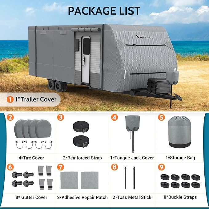 RV Cover Vigorvan Upgrad 7 Layers Top Camper Cover Windproof Travel Trailer Cover for 27-30FT RV, Toy Hauler Cover with Tongue Jack Cover, Extra Windproof Ropes, Gutter Covers