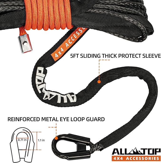 ALL-TOP Synthetic Winch Rope Cable, 1/4" x50ft, 9500LBS Winch Replace Line with Protective Sleeve for Offroad Vehicle ATV UTV