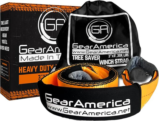 GearAmerica Heavy Duty Tow Strap 3" x 8' Tree Saver Winch Strap - 35,053 lbs (17.5 US Tons) Recovery Rope for Offroad, Weather Resistant with Triple Reinforced Loops - ATV Accessories