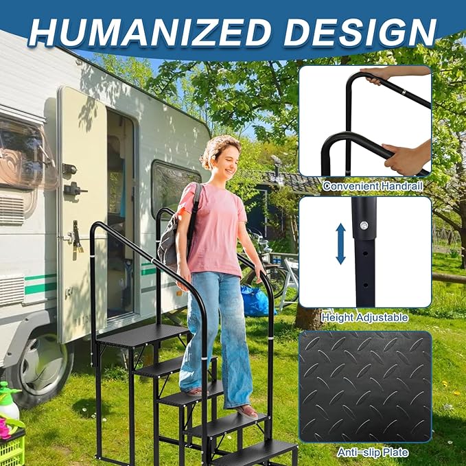 RV Steps, 5-Steps RV Stairs with Handrail Hot Tub Steps Camper Steps, Non-Slip Steps Outdoor Stairs for RV, Trailer, Mobile Home Stairs, Outdoor Spa
