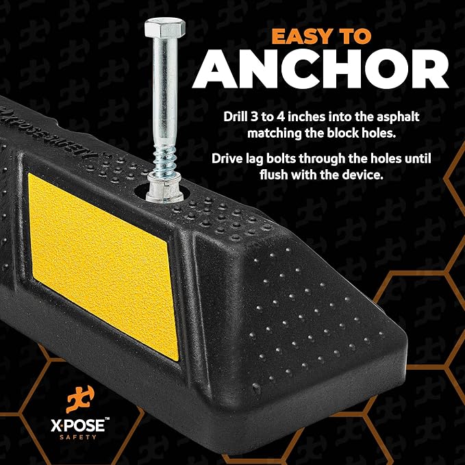 Xpose Safety 22" Heavy Duty Rubber Parking Stopper – 2 Pack Wheel Blocks for Garage, Driveway, or Ramp – Car Bumper Stop with Yellow Reflective Strips – Removable Floor Mount