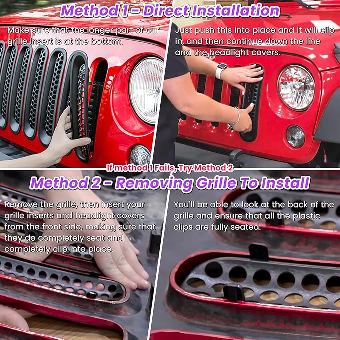 E-cowlboy Front Grille Mesh Inserts & Headlight Cover for 2007-2017 Jeep Wrangler JK JKU Unlimited Sport Rubicon Sahara Clip-in Grille Cover Guard Angry Bird Headlight Bezels Trim (Matte Purple)