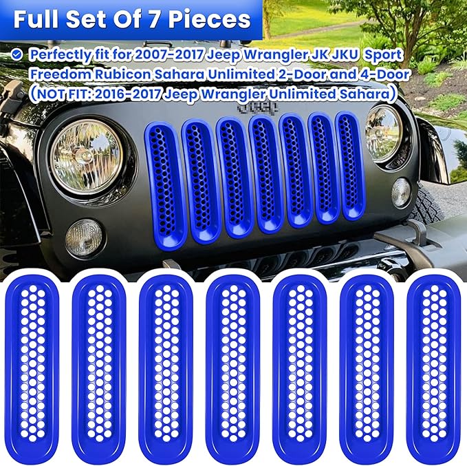 7PCS Front Grill Mesh Inserts for Jeep Wrangler JK JKU Unlimited 2007 2008 2009 2010 2011 2012 2013 2014 2015 2016 2017 2018 Grille Guard Cover Trim Clip-in Exterior Accessories (Matte Blue)