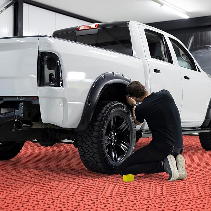 VEVOR Interlocking Floor Covering Tiles, 12 x 12 x 0.53 inch, 25 Pack, Non-Slip Double-Sided Texture, for Garages, Basements, Repair Shops, Red