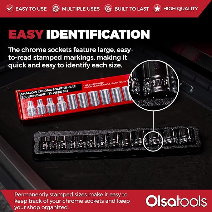 Olsa Tools SAE Shallow Socket Set - 3/8-Inch Drive, 13pc - 6-Point Chrome Sockets 1/4" to 1" and No Skipped Sizes - Mechanic Shallow SAE Socket Set - Professional Grade Short Sockets - Part: 1333