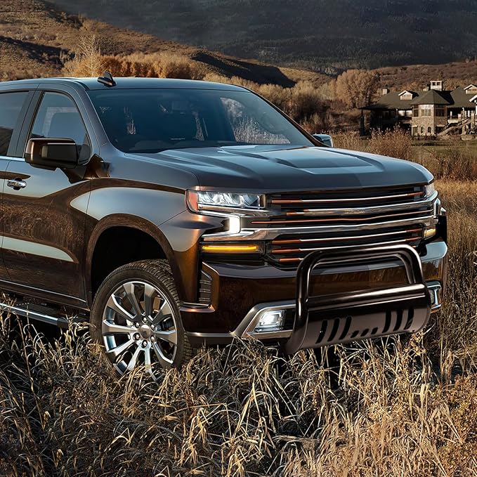 Bull Bar Compatible fit for Chevy Silverado 1500/GMC Sierra 1500 2019-2025 Front Bumper Guard 3" Tubing Brush Grille Guard Truck Protector Push Bar with Skid Plate Black