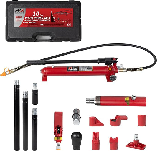 10 Ton (20,000 lbs Capacity) Porta Power Jack Hydraulic Ram Auto Body Frame Collision Repair Kit Set, 16-Pcs, with Blow Mold Carrying Case for Cars, Trucks, SUVs & More