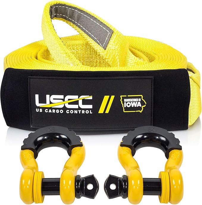US Cargo Control Heavy Duty Tow Strap Recovery Kit - 3" x 30' Tow Strap Made in USA (24,000 LBS Break Strength), (2) 3/4" D Ring Shackles, Storage Bag - Tow Recovery Kit for Vehicle Recovery