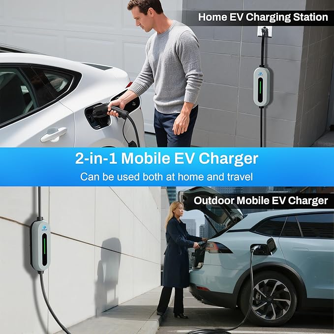 Level 1 and 2 Portable Ev Charger 16A, Electric Car Charger J1772 with 25ft Cable, Electric Vehicle Charging Stations Outdoor with Nema 6-20 Plug and Nema 5-15 Adapter, EV Chargers for Home 110v-240v