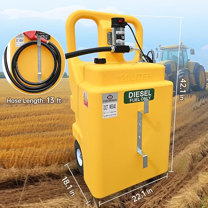 32 Gallon Diesel Transfer Tank with 12V Electric Pump, 10 GPM Flow, HDPE Portable Fuel Caddy with Auto Shut-off Nozzle & Wheels, Heavy-Duty Diesel Tank for Trucks, Tractors and Construction Equipment