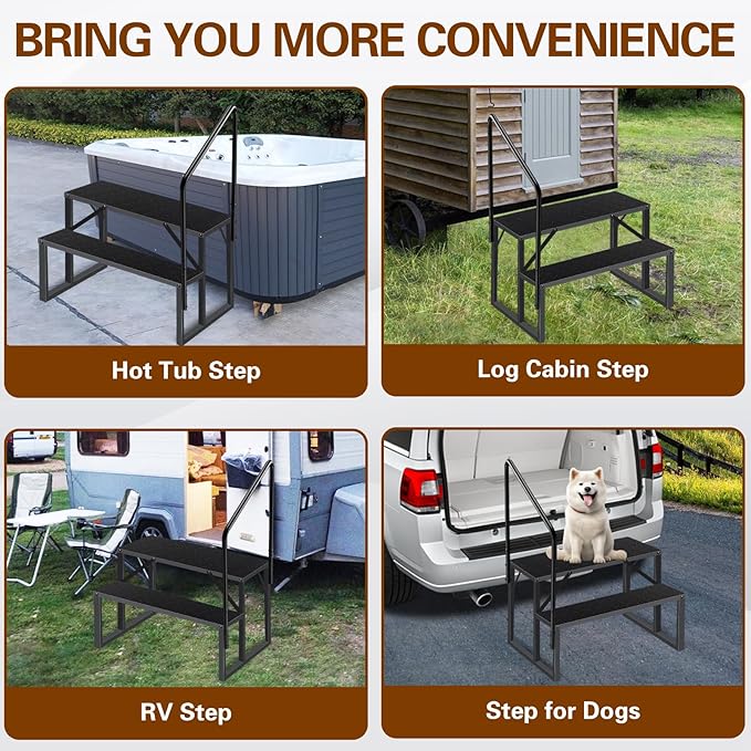 2 Step RV Steps with Handrail, Upgrade RV Stairs with Platform, 660lbs Anti-Slip Hot Tub Steps Spa Steps Step Ladder Outdoor Steps for Camper/Spa/Porch/Pet/Mobile Home(2 handrails)