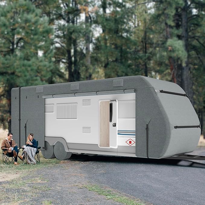 VEVOR Travel Trailer Cover, 28-31 ft RV Cover, Top 300D Oxford Fabric Camper Cover, Waterproof, Windproof and Rip-Stop Class A RV Cover, with Storage Bag, Repair Patches, Straps and Tire Covers
