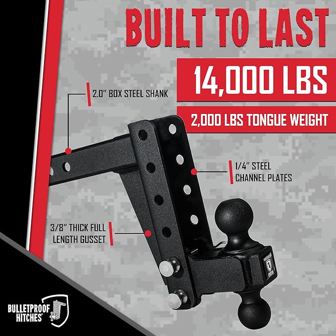 BulletProof Hitches - 2.0" Adjustable Medium Duty Trailer Hitch (14,000 lb. Rating) - 6" Drop/Rise Trailer Hitch with 2" & 2-5/16" Dual Ball - Powder Coat, Box Steel, Corrosion-Resistant