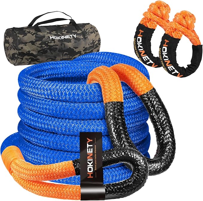 Kinetic Recovery Tow Rope: 1.26" x 30ft Snatch Strap with Soft Shackles Heavy Duty Offroad Towing Straps Kit for Trucks SUV UTV ATV Tractor Car Jeep - Blue