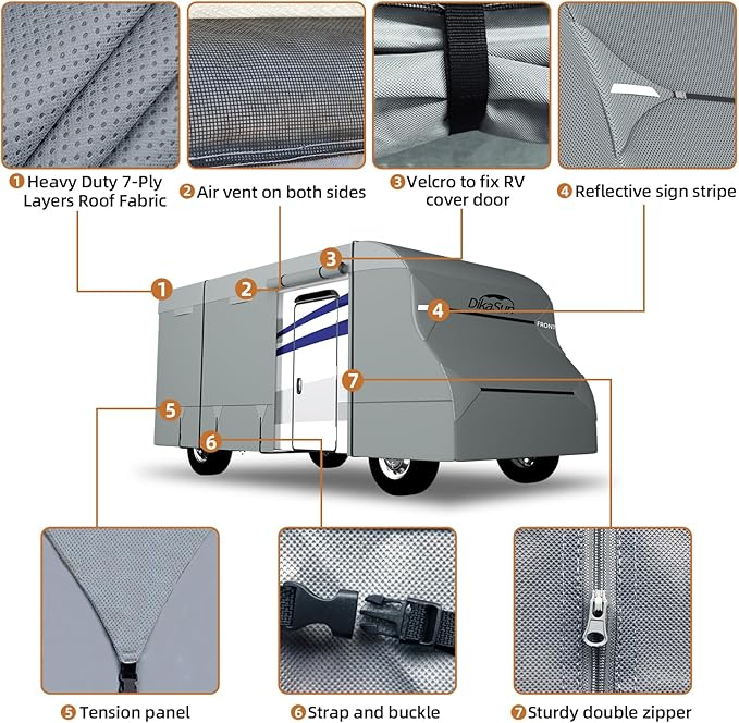 Class C RV Cover 7 Layers Top Motorhome Cover 20-23 FT Heavy Duty Anti-UV Camper Cover Windproof Ripstop Class C Travel Trailer Cover