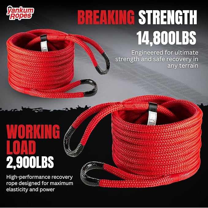 Yankum Kinetic Recovery Rope - Heavy Duty 5/8" x 30' Tow Rope, Off-Road & Vehicle Recovery, Kinetic Energy Ropes for 4x4, Jeep, and Trucks, Made in USA – Viper Series
