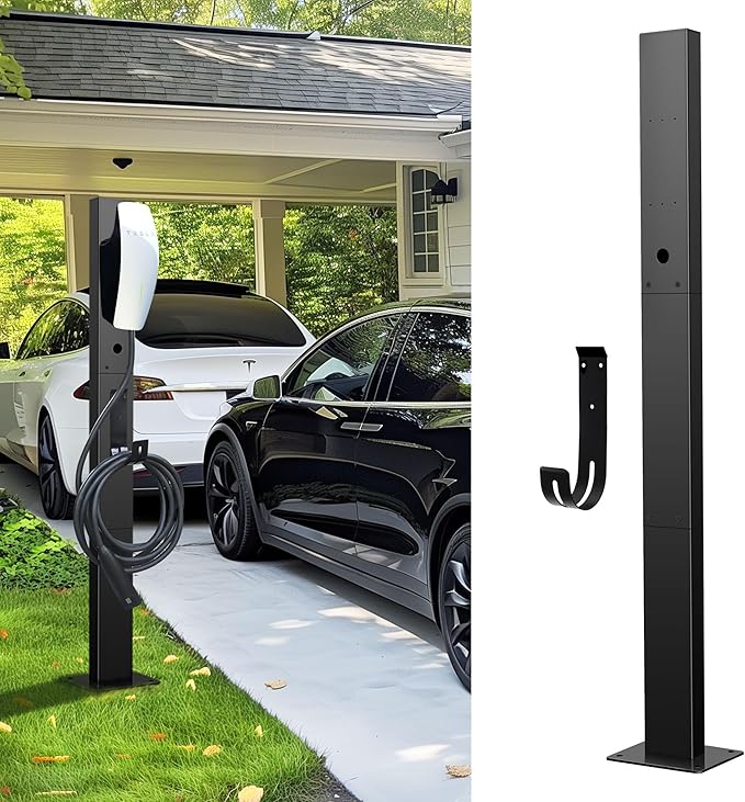 Tesla Charger Pedestal Outdoor EV Charger Stand with Holder for EV Charging Station Black