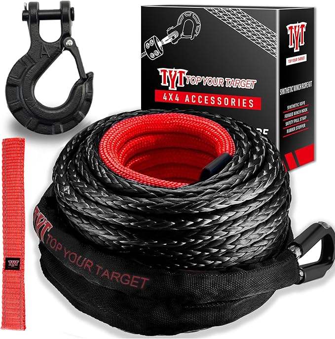 TYT Synthetic Winch Rope Kit - 1/2" x 92' with 32000 lbs Strength, Protective Sleeve, Heavy Duty Hook and Safety Pull Strap for Off-Road 4x4 Vehicles, Trucks (Black)