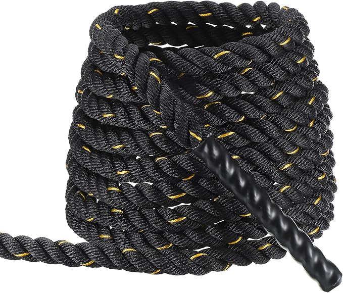 MECCANIXITY Battle Rope 30ft x 1 Inch Polyester Workout Rope Heavy Fitness Exercise Rope for Strength Training Home Gym Muscle Building, Black Yellow