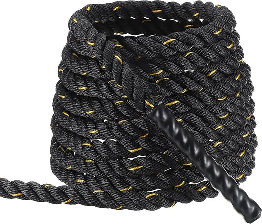 MECCANIXITY Battle Rope 30ft x 1 Inch Polyester Workout Rope Heavy Fitness Exercise Rope for Strength Training Home Gym Muscle Building, Black Yellow