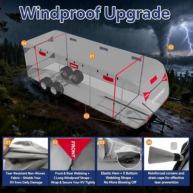 Heavy Duty 7 Layers RV Cover, Camper Cover & Travel Trailer Cover 24-27ft, Waterproof Windproof All-Weather Protection with Tongue Jack Cover, Gutter Covers & Reinforced Straps - Red