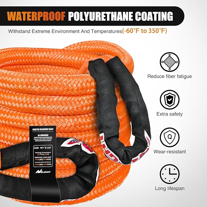 Nilight Kinetic Recovery Rope 33000 LBS 1" x 30ft Snatch Strap Heavy Duty Offroad Towing Starp Kit Vehicle Recovery kit for UTV ATV SUV Truck Car Jeep Tractor