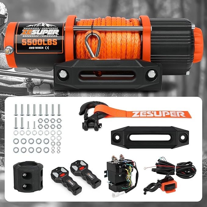 ZESUPER 5500 lb Electric Winch 12 Volt Winch Kit for ATV UTV Boat Trailer Waterproof IP67 Synthetic Rope with Wireless Remote Handheld Switch Mounting Plate