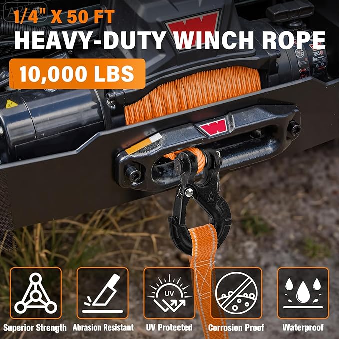 Synthetic Winch Rope Kit - 1/4" x 50' 10000 lbs Synthetic Winch Cable for ATV UTV Off-Road Vehicles with Forged Hook, Rubber Stopper, Protective Sleeve and Safety Pull Strap - Orange