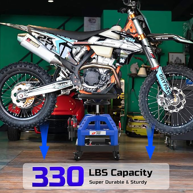 Rolling Shop Stool for Garage with Casters, DO02-Adjustable Height 360° Swivel Shop Seat with Tool Tray Storage, 330 LBS Capacity Padded Mechanic Stool, Magnetic Tool Hold, Heavy Duty, Blue