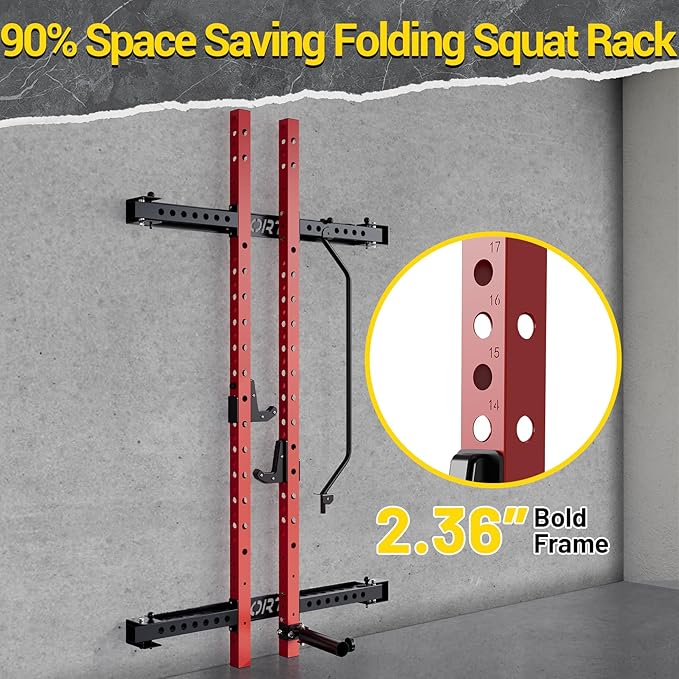 Folding Squat Rack for Home Gym, 2.36" x 2.36" Folding Power Rack with Pull Up Bar, J Hooks and Landmine Attachments, 1000 LBS Capacity Wall Mounted Squat Rack, Space Saving Weight Cage