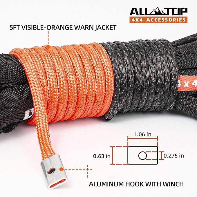 ALL-TOP Synthetic Winch Rope Cable, 1/4" x50ft, 9500LBS Winch Replace Line with Protective Sleeve for Offroad Vehicle ATV UTV