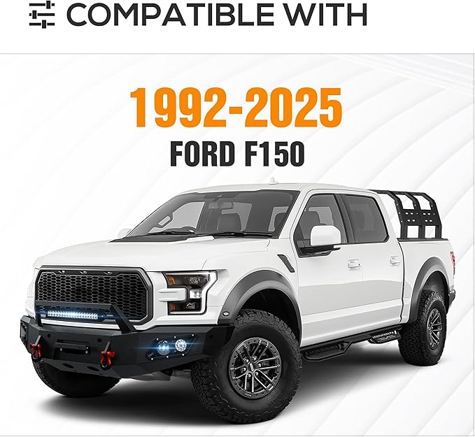 for F150 13.8" High Full-Size Overland Bed Racks Truck Cargo Carrier with 2 LED Lights Compatible with 1992-2025 Ford F150 with Bed Rails, 750 LBS Truck Rear Ladder Rack Back Cross Bars