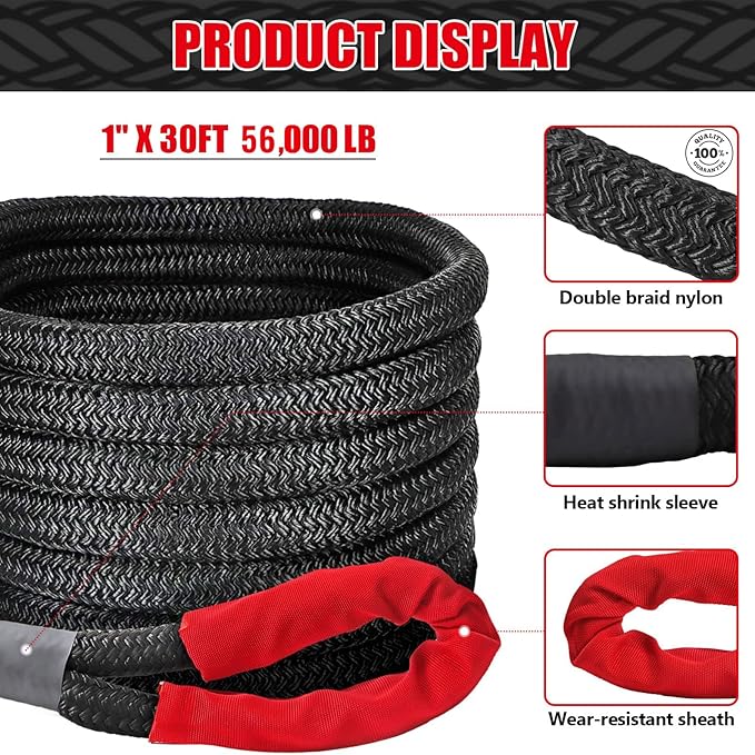 1" x 30' Kinetic Recovery Rope 56,000lbs with 2 D-Ring Shackles, Heavy Duty Offroad Recovery Kit, Nylon Kinetic Tow Ropes for Trucks, Pickup, Tractor, SUV, UTV, ATV, RV, Black