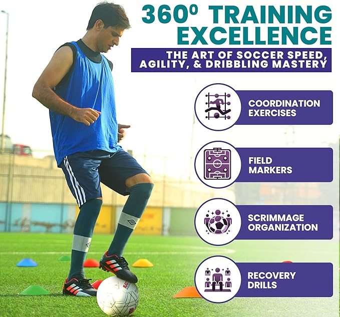 Training Soccer Cones 25/50/100 Pack with Carry Bag & Holder – 5 Colors – Agility Disc Cones Set Sports Practice Equipment for Soccer, Football, Basketball, Coaching & Speed