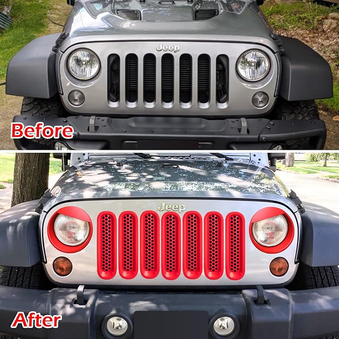 Front Grille Mesh Inserts & Headlight Cover for Jeep Wrangler JK JKU Sport Freedom Rubicon Sahara Unlimited 2007-2018 Exterior Accessories Clip-in Grille Guard Headlight Bezels Trim (Matte Red)
