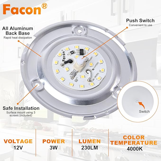 Facon 3.5" LED RV Puck Light Surface Mount - 2Pack, 12V RV Dome Light with Switch, 230LM Cool White (4000K), Ideal for RVs, Motorhomes, Campers, Marine Vehicles