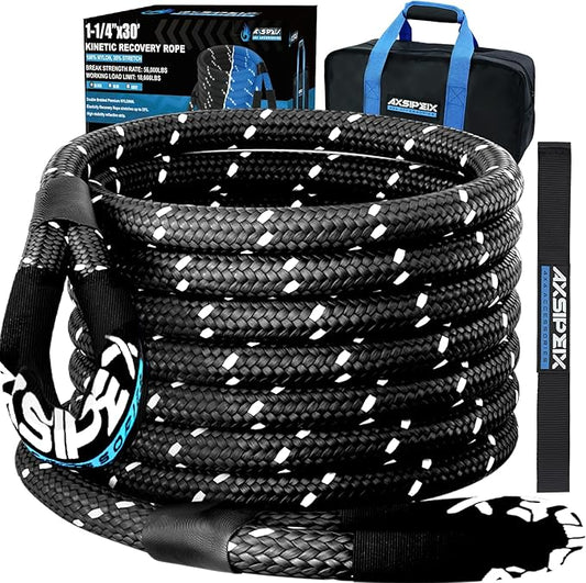 Kinetic Recovery Rope (Reflective) | 1.25in x 30ft 56,000Lbs Heavy Duty, 35% Elasticity Tow Rope - Offroad Snatch Strap for 4x4 Truck SUV UTV ATV Jeep