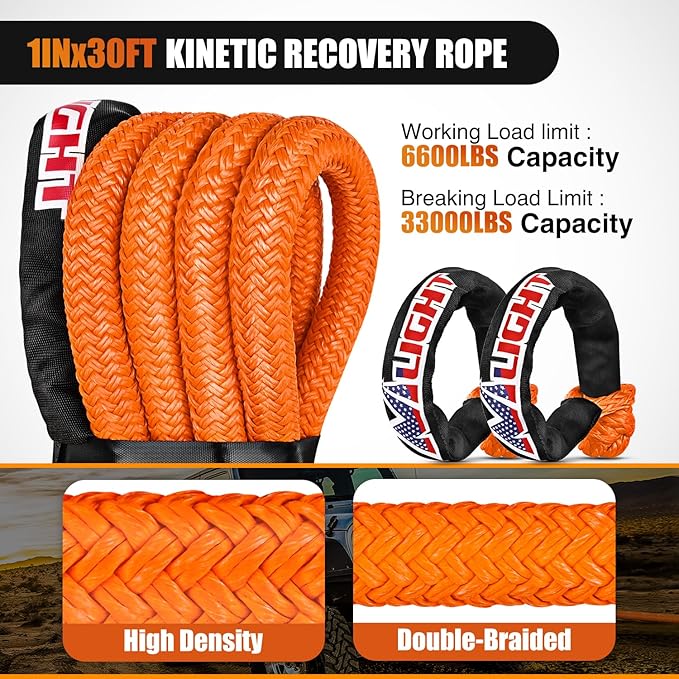 Nilight Kinetic Recovery Tow Rope Kit with 2 Soft Shackle 1" x 30ft Heavy Duty Offroad Tow Rope Snatch Strap Towing Strap kit (33,000LBS) for UTV ATV SUV Truck Car Jeep Tractor