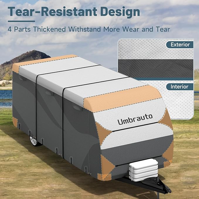Umbrauto Travel Trailer RV Cover 30-33ft, Waterproof & Ripstop Camper Cover with 4-Layer Sides, Sun and Snow Protection, Extra Windproof Ropes, Fits Toy Hauler
