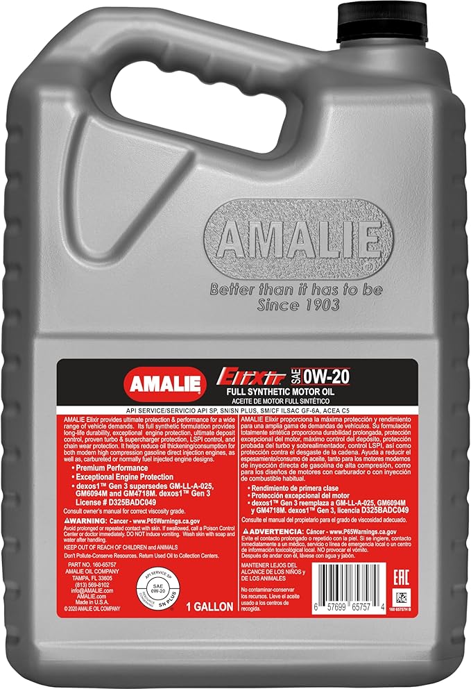 AMALIE Elixir 0W-20 dexos1 Full Synthetic Motor Oil (160-65757-36) 1 Gallon Bottle, Pack of 4 | Made in USA
