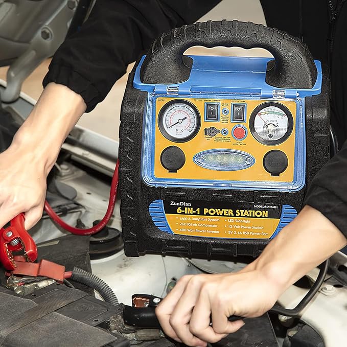 6-in-1 1800 Amp Jump Starter with Air Compressor 260PSI Tire Inflator, 12V Car Battery Jumper Starter Booster Pack for Truck Automotive Battery, Portable Power Station 400W AC Power Inverter