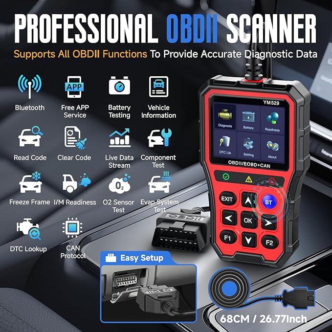 Bluetooth OBD2 Scanner with Battery Tester & Monitoring & Life Test - Support Checking Car Diagnostic Information on iPhone & Android, 2.8 inch HD Large Color Screen, TPU case Protection, Red