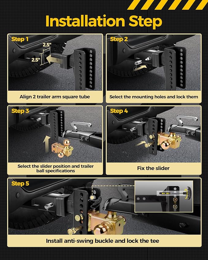 Adjustable Trailer Hitch for 2-Inch Receiver, 6-Inch Drop & Rise, 20,000 lbs GTW, 3 Ball Hitches Included (1-7/8", 2", 2-5/16") with Anti-Theft Lock, Heavy-Duty Ball Mount for Trucks