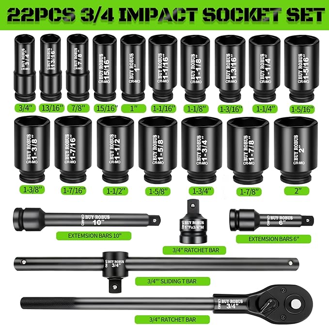22 PCS 3/4" Impact Socket Set, Drive Deep 6 Point Socket Set, Including Long Sockets, 3/4" Impact Extension Bar and Drill Socket Adapter, Cr-MO