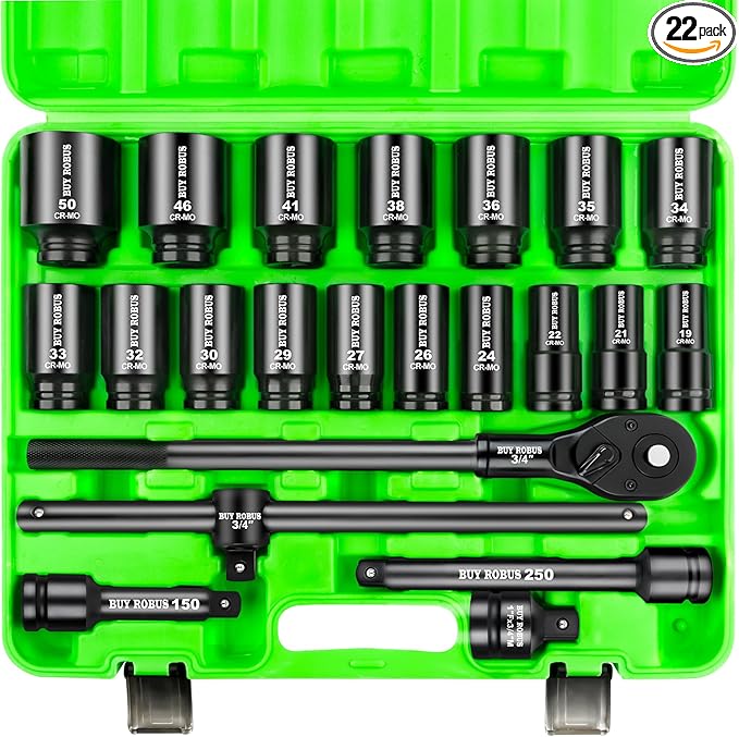 22PCS 3/4" Impact Socket Set, 6-Point Metric (19mm-50mm), Cr-Mo Steel Set with Adapters, Quick Release Ratchet Wrench, Andextension Rod Durable Storage Case