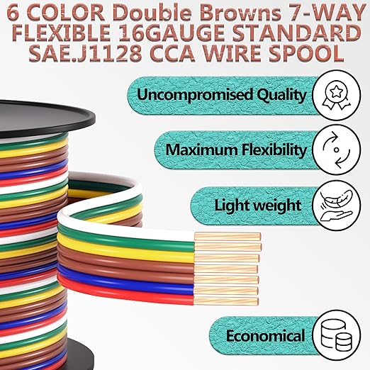SUZCO 400Ft Enough 16AWG CCA【2-Brown-Wires】 6 Color-Coded 6-Way 7-Wire Bonded Trailer RV Camper Towing Hitch Wiriing Spool, 7-Flat Wishbone SAE J1128 for All Basic Wire Trailers