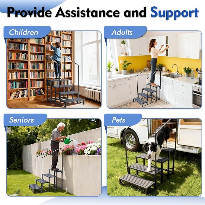 4-Step RV Steps with Dual Handrails, Heavy-Duty Mobile Home Steps, RV Stairs for Camper, Hot Tub, Pool, Trailer & Porch with Non-Slip Mats
