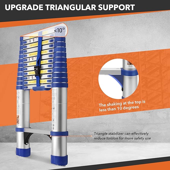 12.5FT Aluminum Extension Ladder, Telescoping Ladder w/Triangle Stabilizers and Non-Slip Feet, 330lbs Capacity Lightweight Retractable Ladder for Work, RV and Outdoor Blue