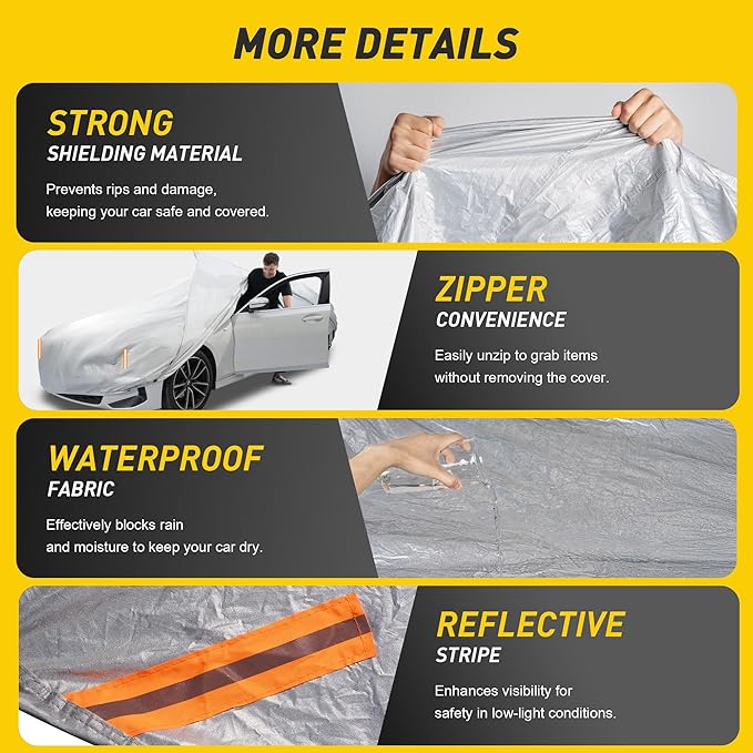 Caromop 10-Layer Waterproof Car Cover All Weather Protection (Snow, Rain, Sun) with Secure Fit Straps and Easy On/Off Zipper-Size A4 (See Size-Chart)